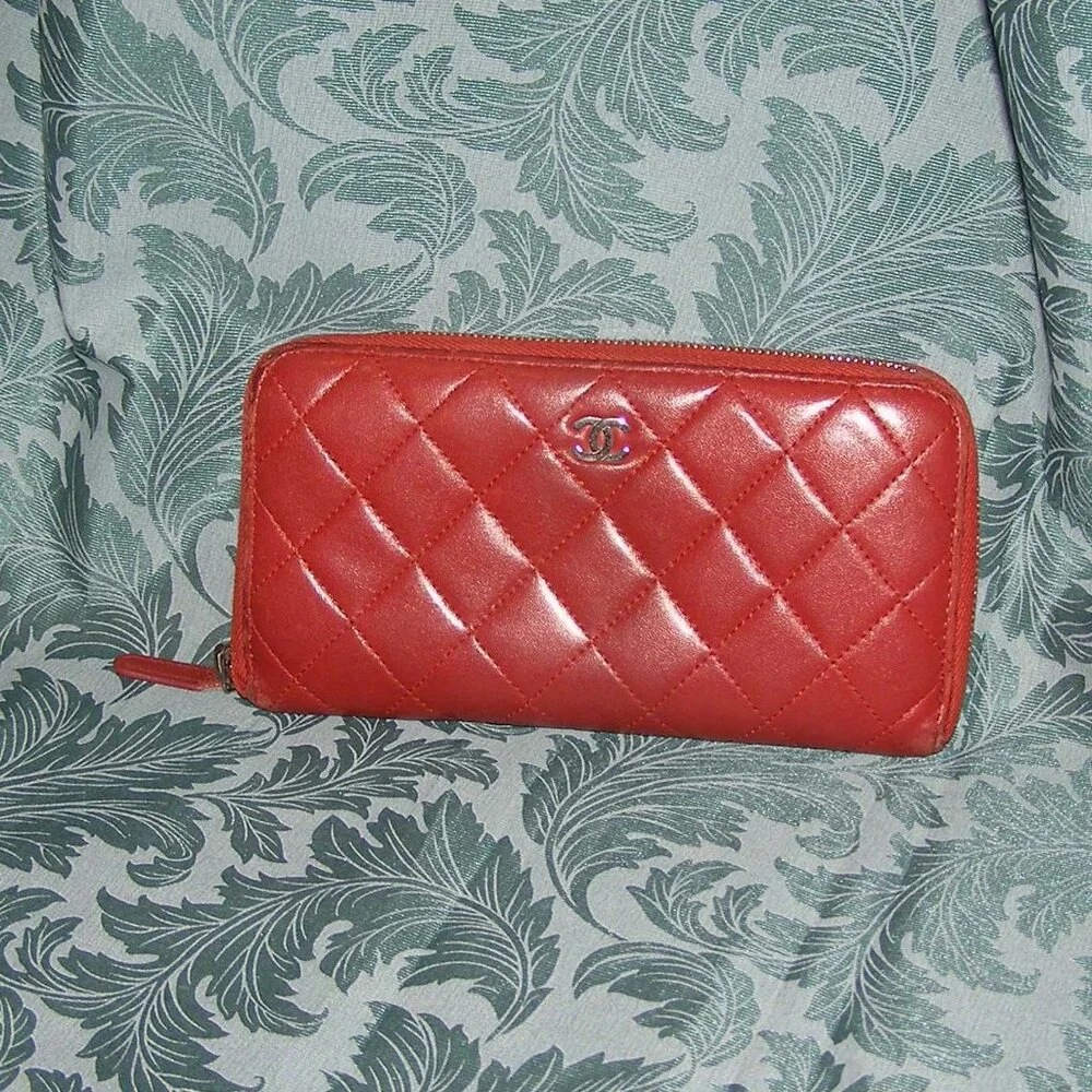 CHANEL Dark Red Lambskin Quilted Leather Wallet